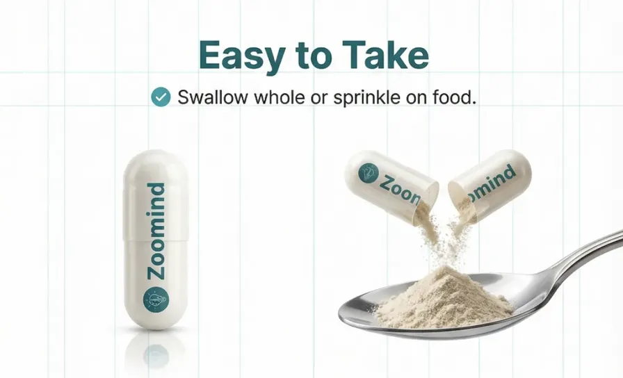 Easy to Take — Swallow whole or sprinkle Zoomind capsule contents on food
