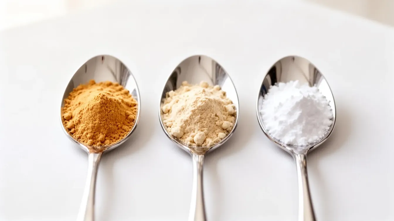 Three spoons with golden, cream, and white supplement powders representing Omega-3, Phosphatidylserine, and L-Tyrosine