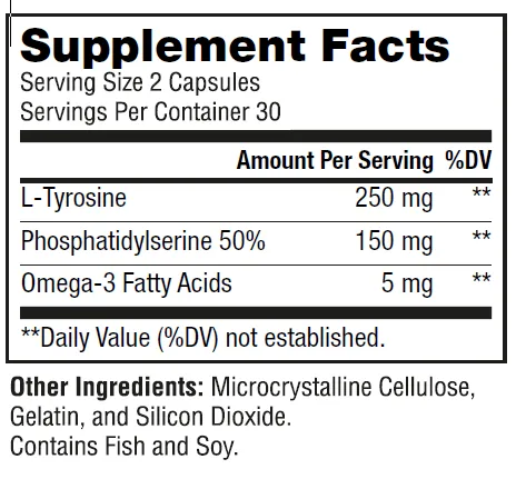 Zoomind Supplement Facts — Serving size 2 capsules, L-Tyrosine 250mg, Phosphatidylserine 150mg, Omega-3 5mg