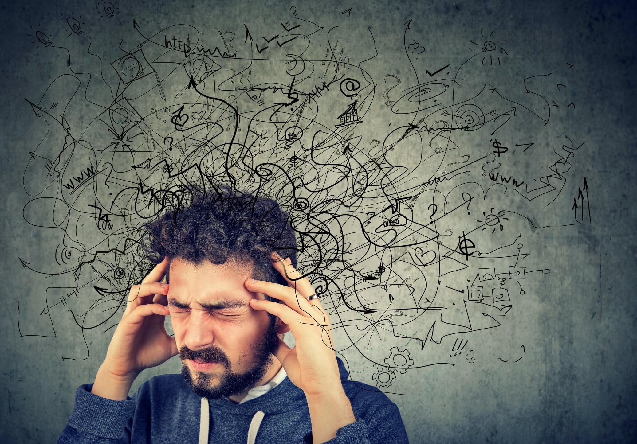 Thoughtful stressed young man with a mess in his head